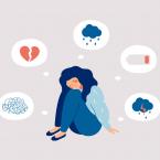 animated person sitting on the ground with eyes closed and thought bubbles around her with anxiety shape, broken heart, rain cloud, low battery, and storm cloud