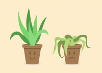 two cartoon plants, one with a happy face that is alive and one with a sad face that appears to be dying